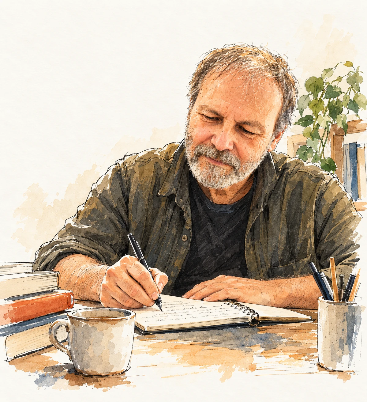 Ilustración de José Poveda escribiendo en un cuaderno